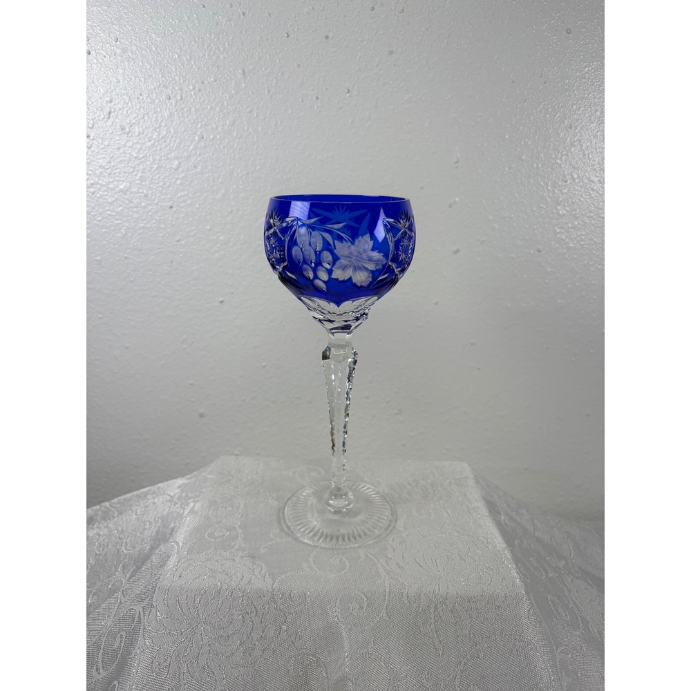 Vintage Cobalt Blue Bohemian‎ Wine Goblet Grape Leaf Etched Glass